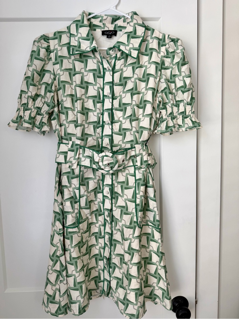 Green Geometric Belted Midi Dress by Gigio
